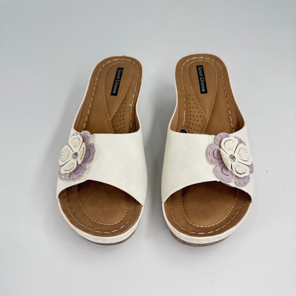 Good Choice 7.5 Wedge Slide Sandals White & Purple Floral Design